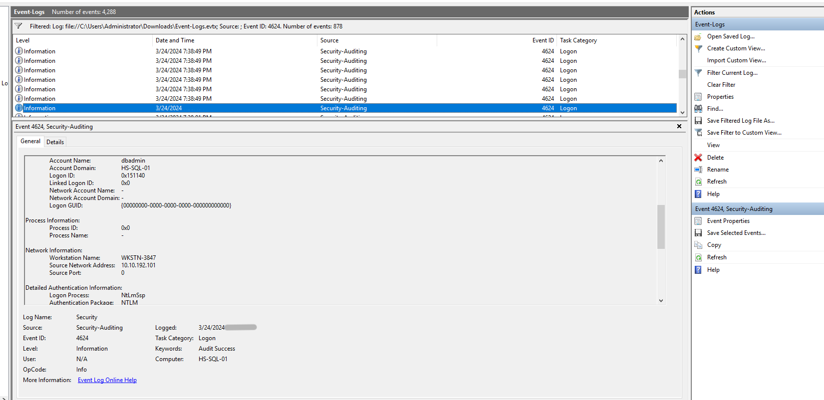 DBAdmin account login from 10.10.192.101 17 mins before exfil alert from an internal machine